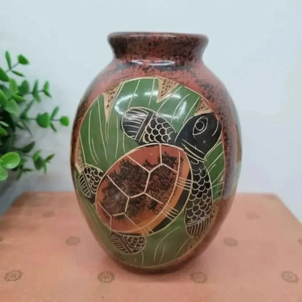 Handmade Nicaraguan Clay Vase with Butterfly Monkey & Turtle Folk Art Pottery